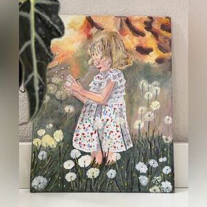 Girl with a Floral Dress in Dandelion Field Original Painting